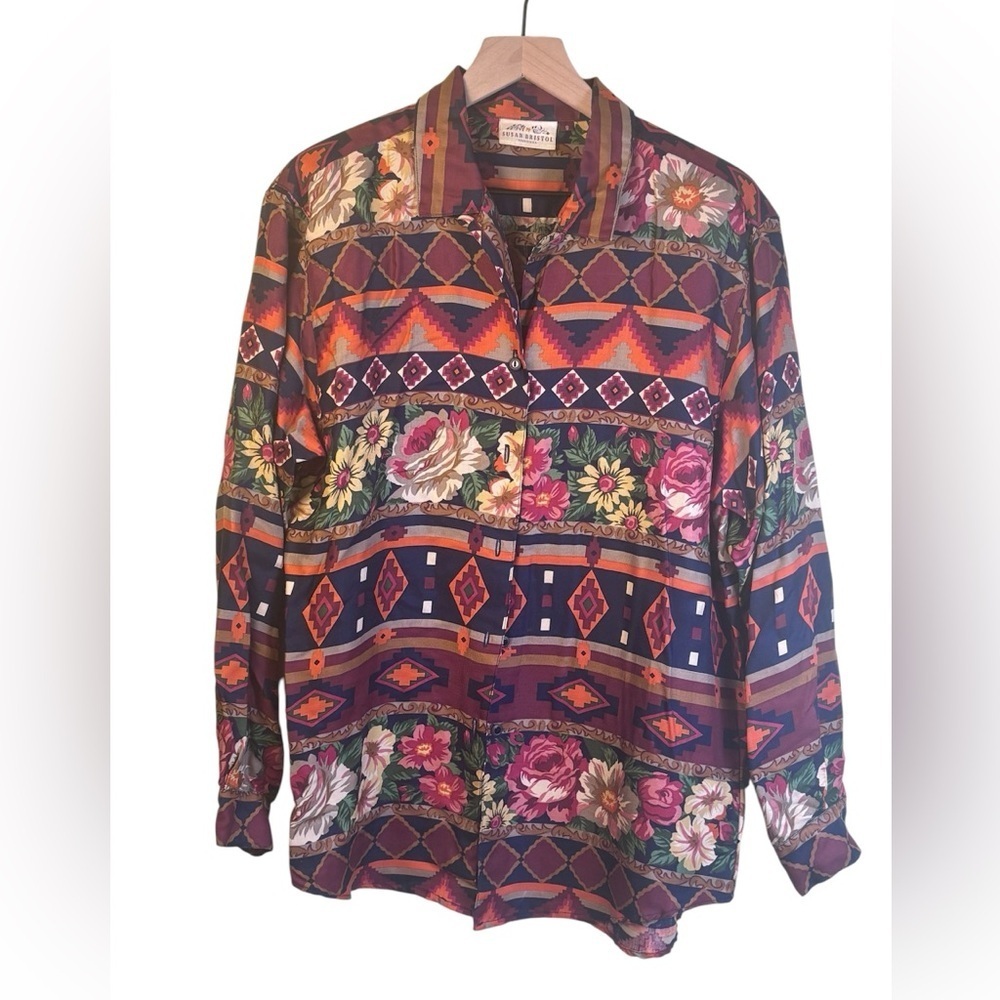 Susan Bristol Multicolor Vintage Y2K Floral Geometric Floral Shirt Size 8